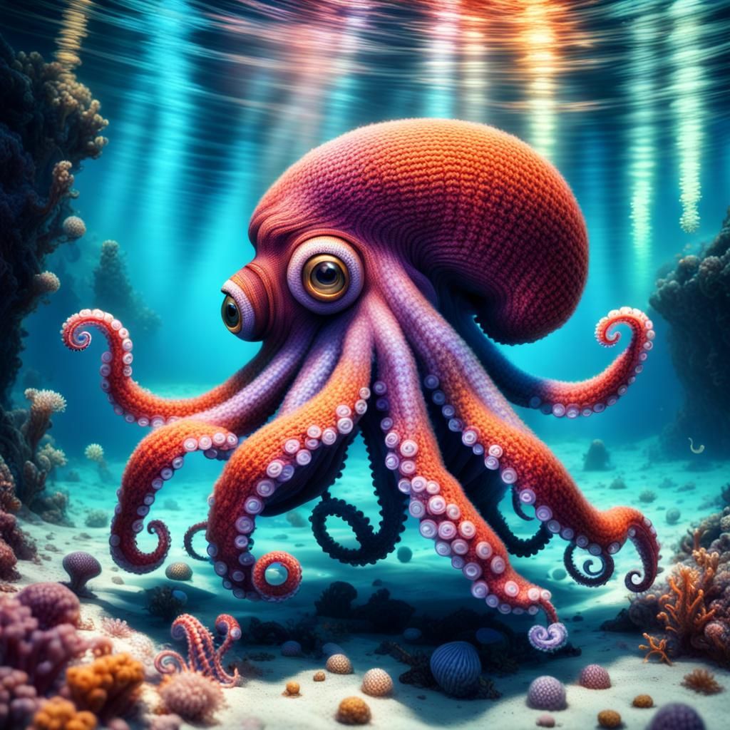 octopus dressed in knitted yarn clothes - AI Generated Artwork ...