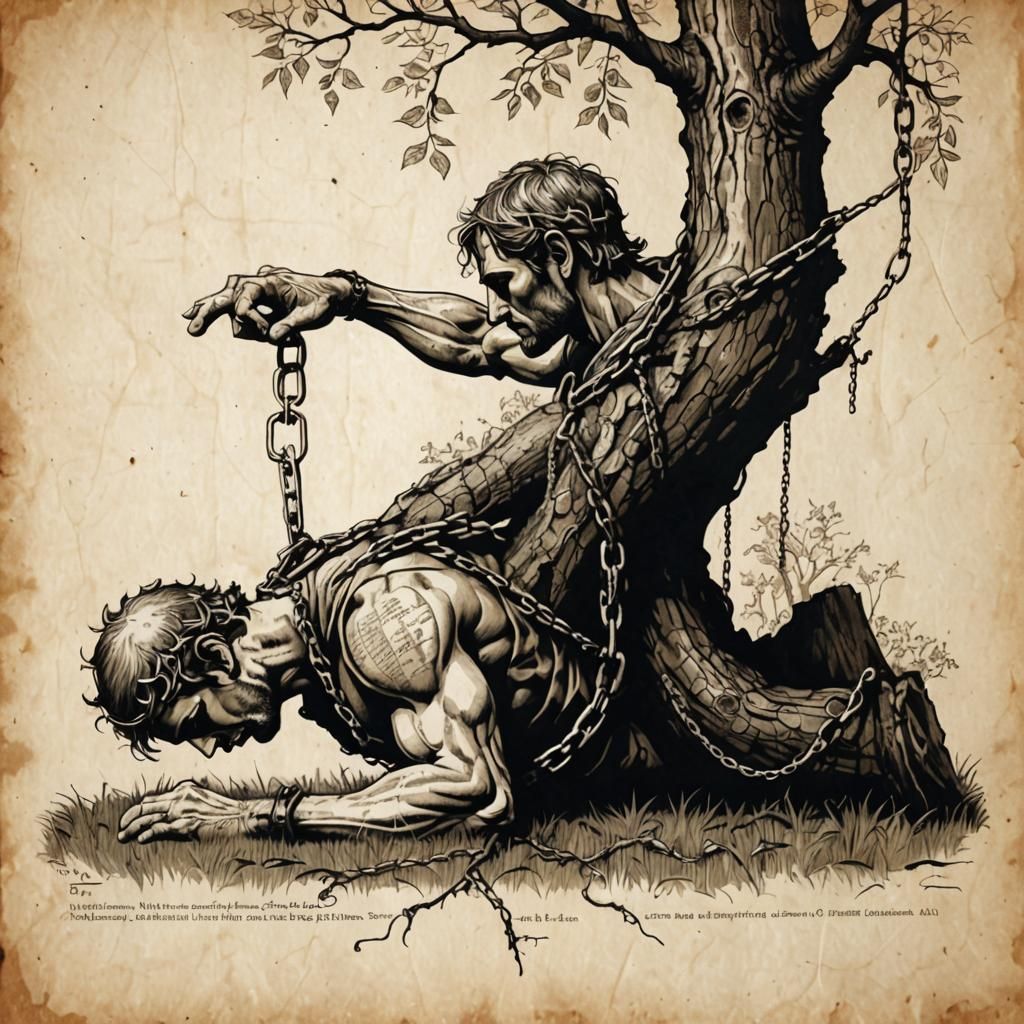 human man body shackled in surreal chains word art made of t...