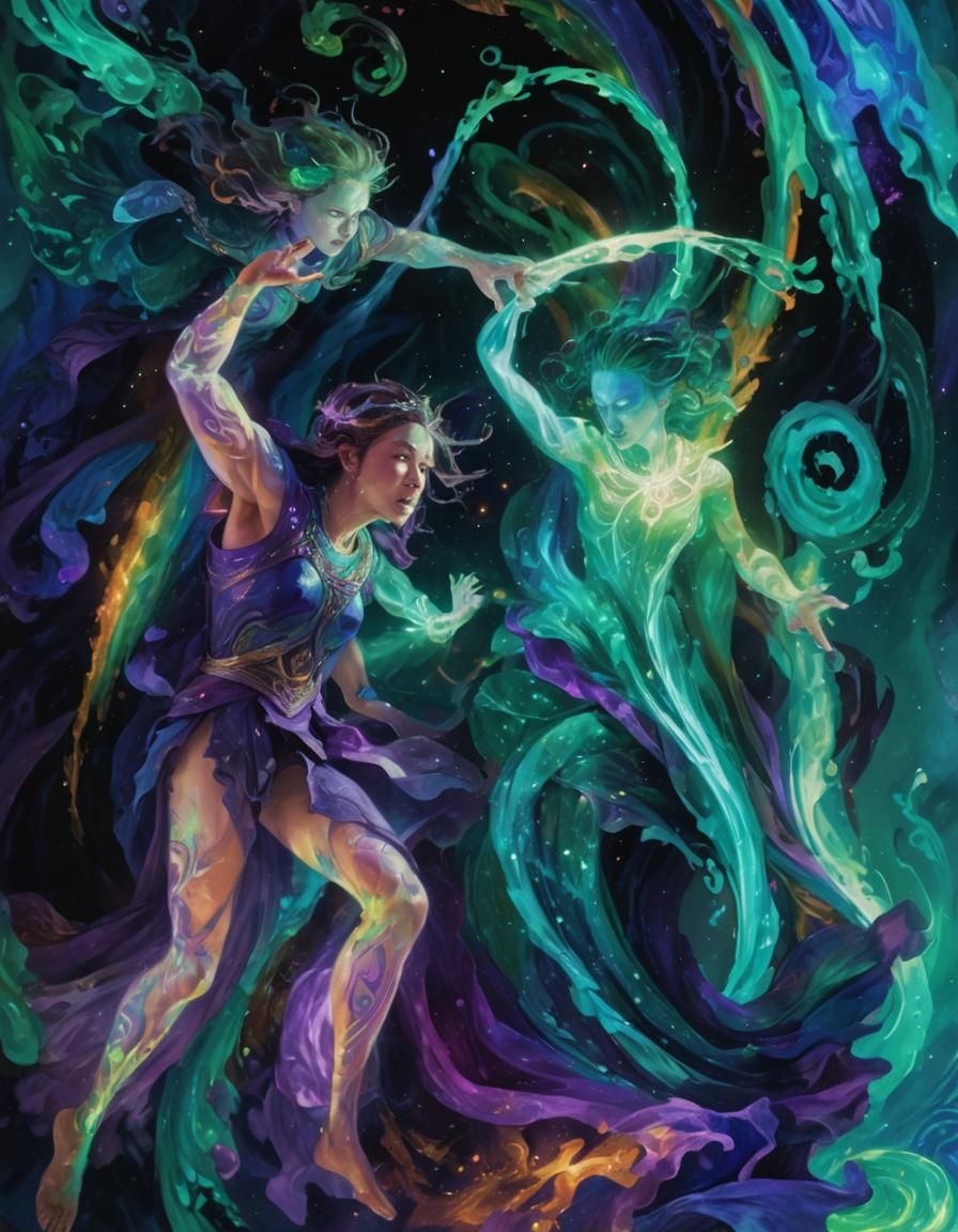 Bright, surreal characters appear to be engaged in an intens...