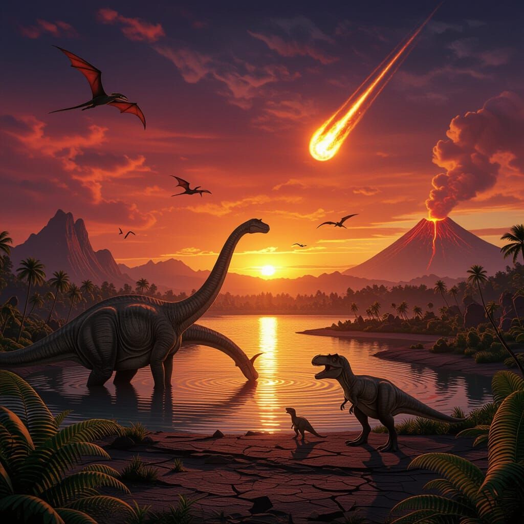 A cinematic Jurassic landscape at sunset, with a massive brachiosaurus drinking from a steaming prehistoric ...  by @Manny Sharabi
