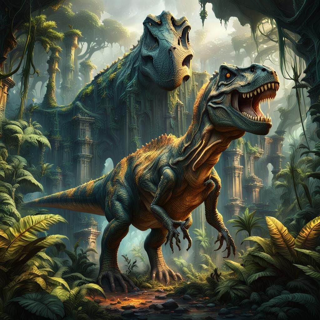 T-Rex in Primordial Jungle: Hyper-Realistic Digital Art