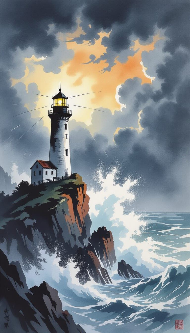Ink Wash Lighthouse in Stormy Seas | Dramatic Maritime Power & Beacon of Hope Artwork