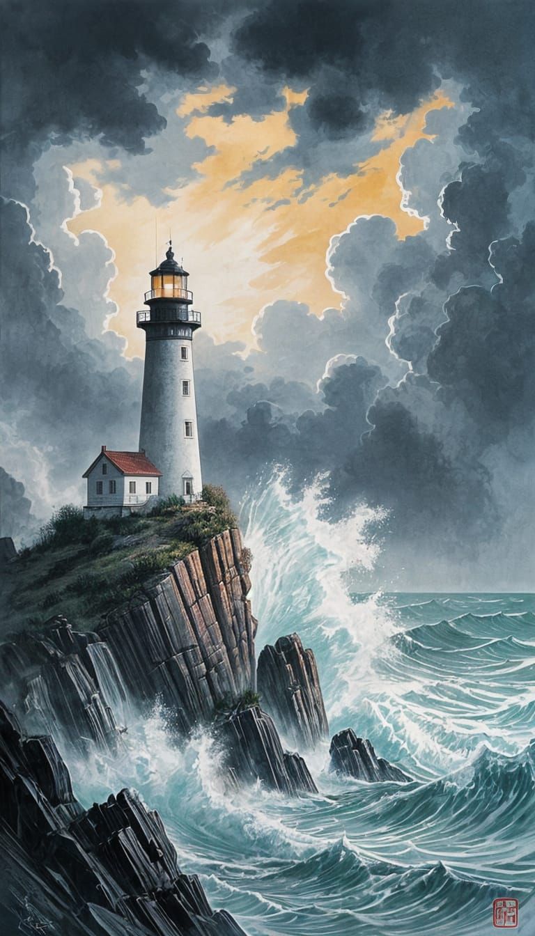 Lighthouse Braving Stormy Seas in Ink Wash Style