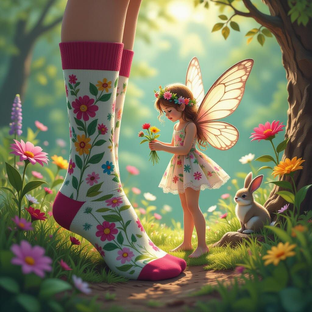 Whimsical illustration. A scene wraps around both socks, showing a fairy tending a garden. Bold colors, ...  by @Sumikokeel