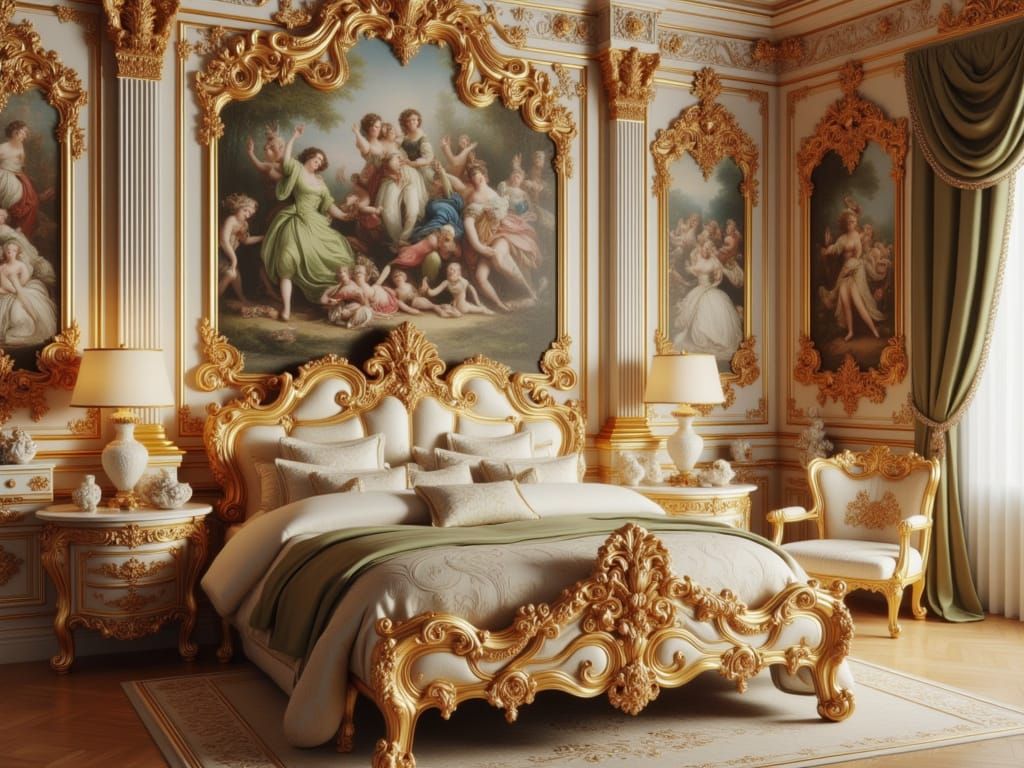 Ornate and elaborately detailed Rococo designed French bed chambers for royalty, gold leaf furniture and lavish tapestry.