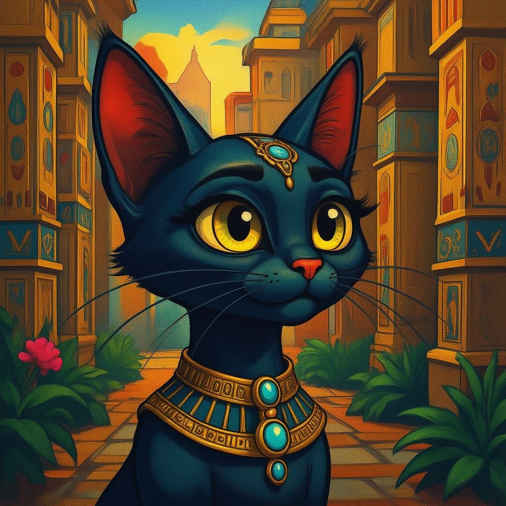 A stylized drawing of an Egyptian cat with distinctive, expressive eyes, shown from a side view. The cat should not look realistic — it shou...