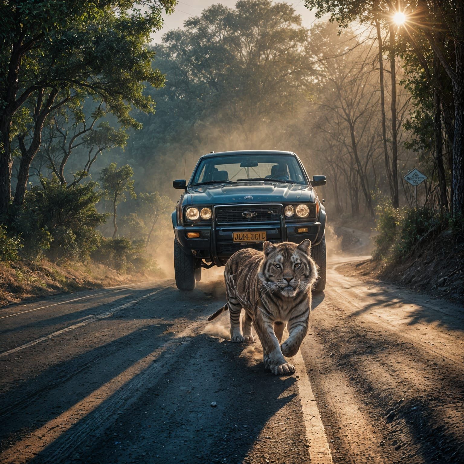 Blue Car and Tiger Race: Hyperrealistic Image