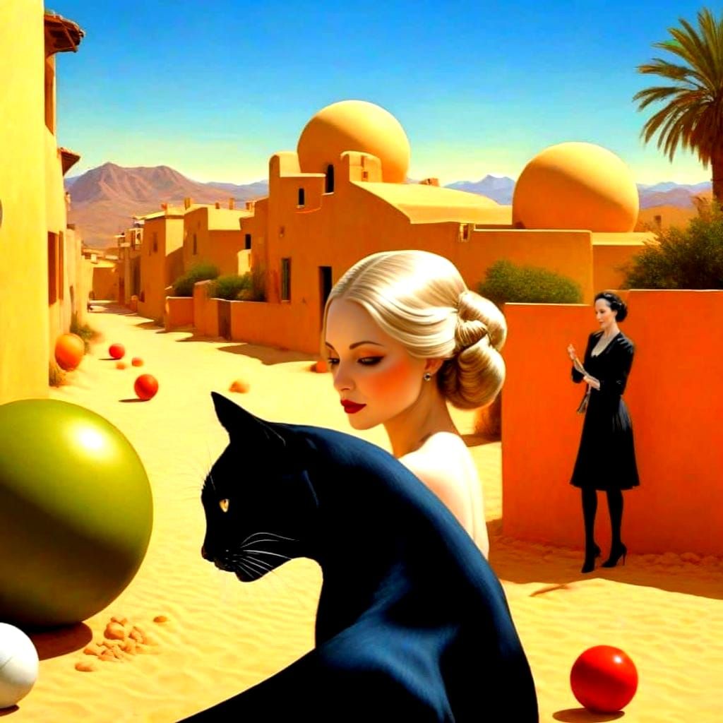 Surrealistic Whimsy: Happy Ladies and Majestic Cats in Vibra...