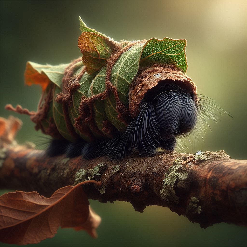 🐛 A bag moth caterpillar, covered in a protective case made of twigs and leaves