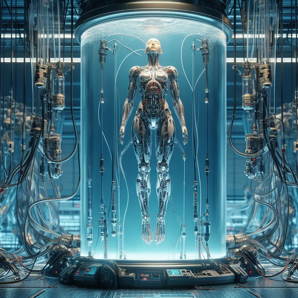 Female cyborg in a vat of liquid