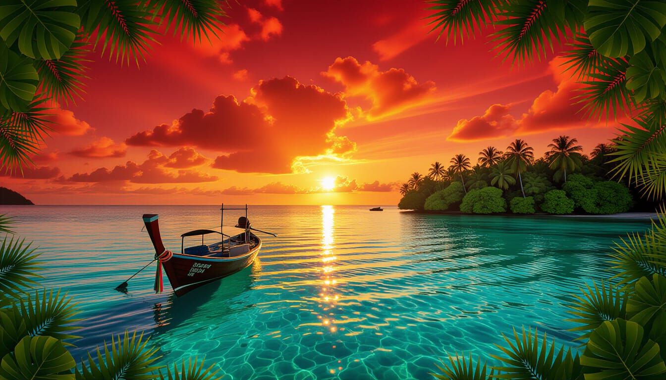 A bright tropical sunset with a dramatic red sky, a boat floating on clear blue water, and a tropical island covered in lush vegetation. A n...