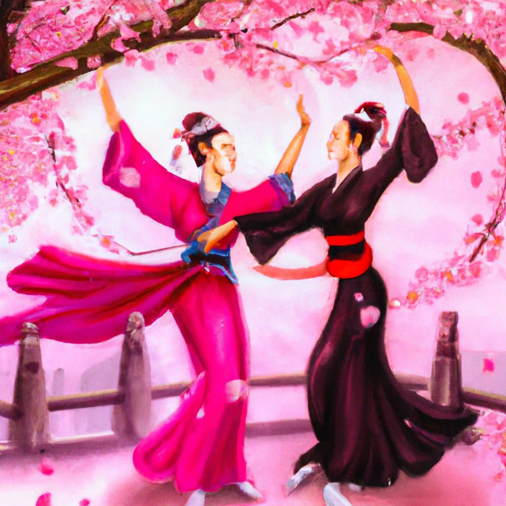 Female Japanese dancers dancing under sakura trees