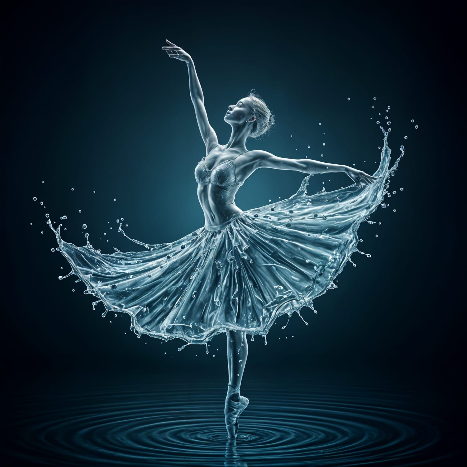 Beautiful ballerina totally made of water in front of dark blue background   by @Fokje