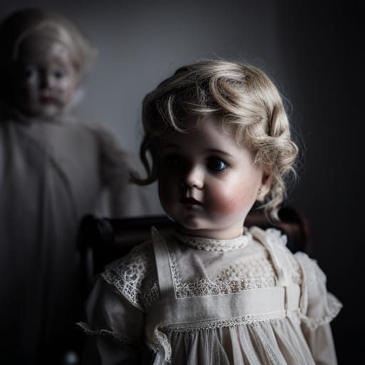 Creepy antique porcelain dolls, antique pram, dark bedroom, ...