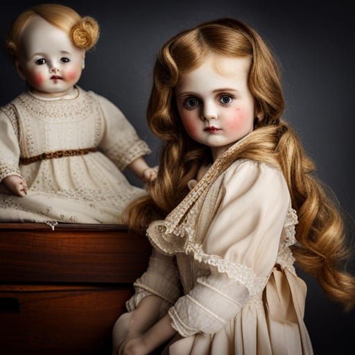 Creepy antique porcelain dolls, antique pram, dark bedroom, ...
