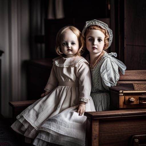 Creepy antique porcelain dolls, antique pram, dark bedroom, ...