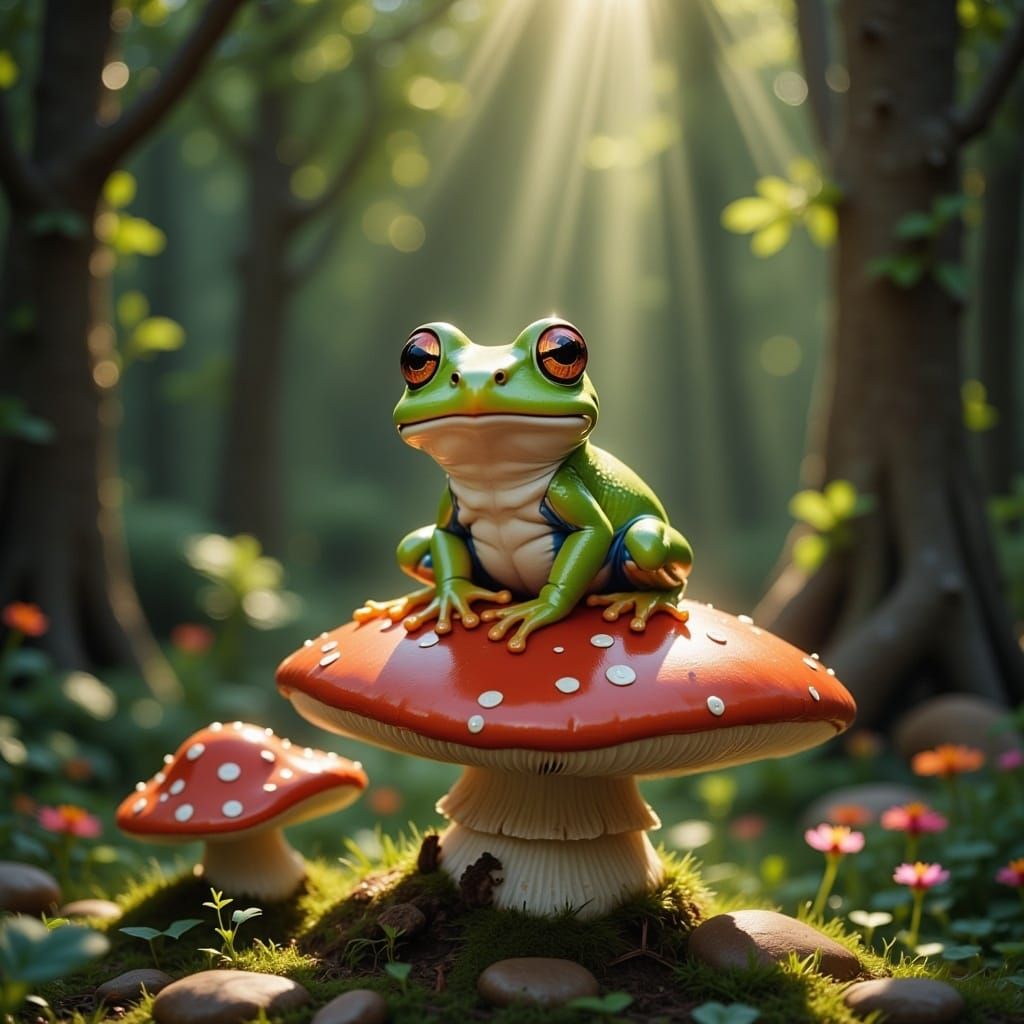 <lora:Holy FluxaMOly:1.0> A cute frog sitting on a mushroom in a forest