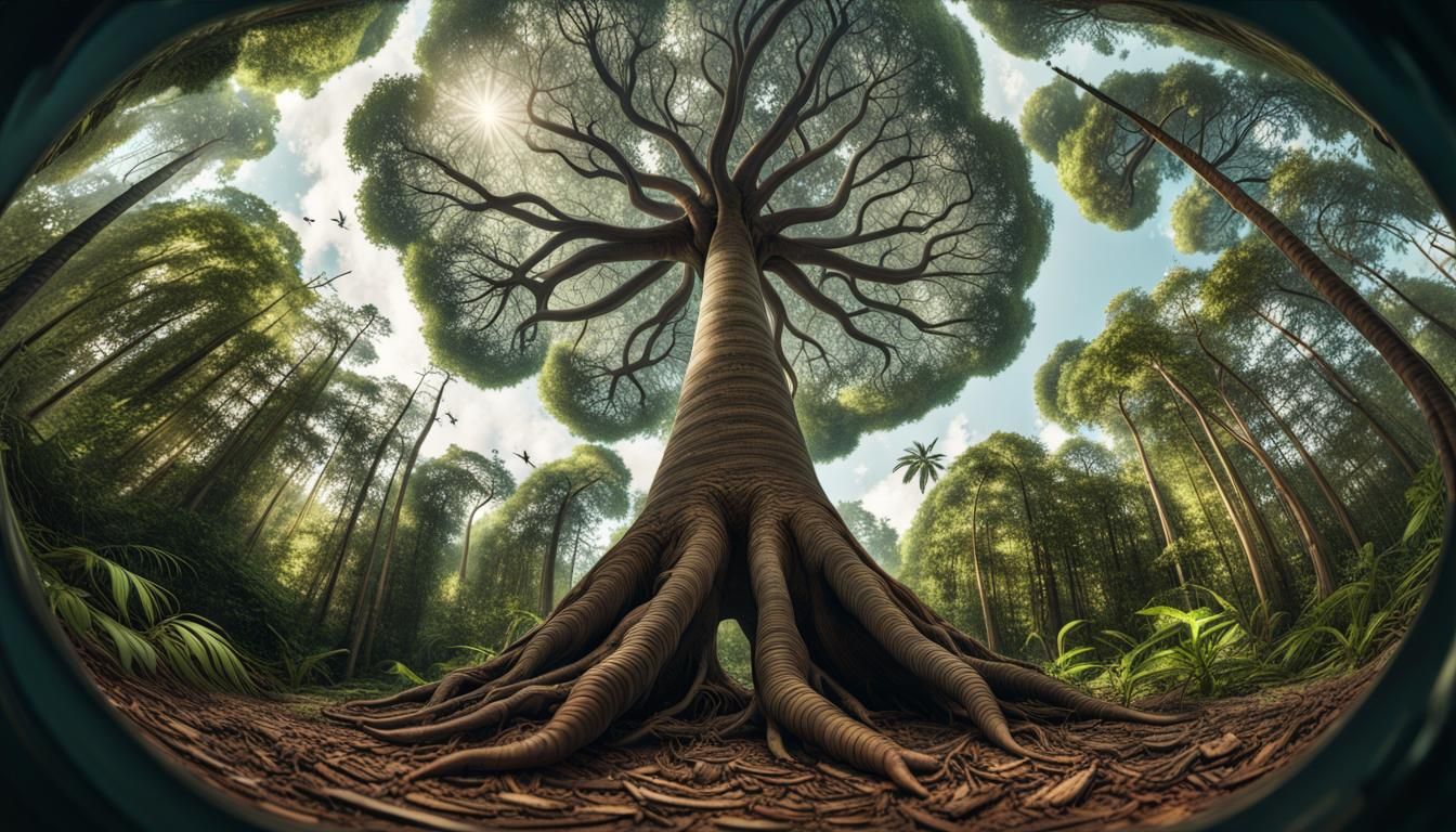 Fisheye Lens, low angle perspective, Ant from a Jungle floor looking upward toward a Jungle tree, inspired ...  by @JBPowell