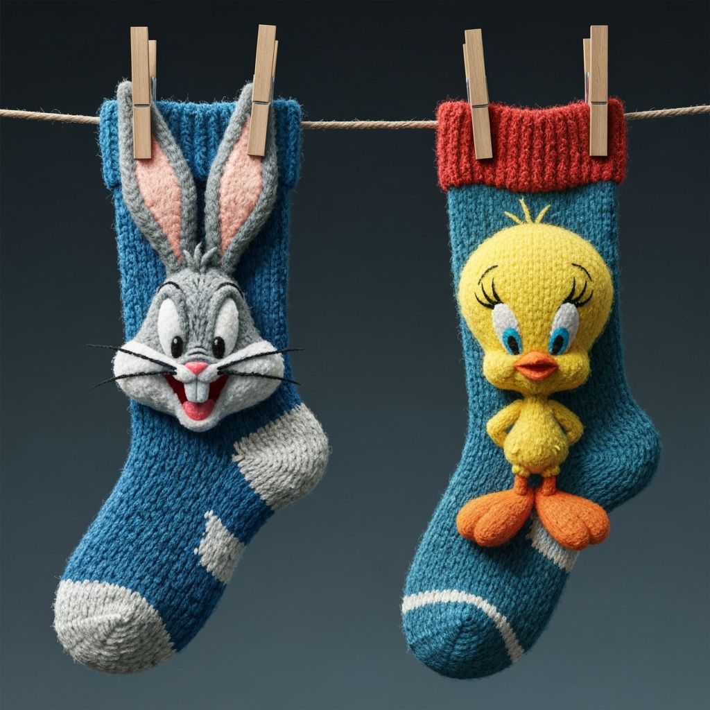 A heavily textured detailed knitted wool socks depicting looney tunes characters, one sock is shaped ...  by @Summerchild