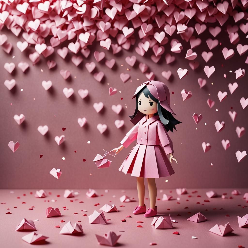 Beautiful origami paper girl surrounded bye falling littles valentin ...