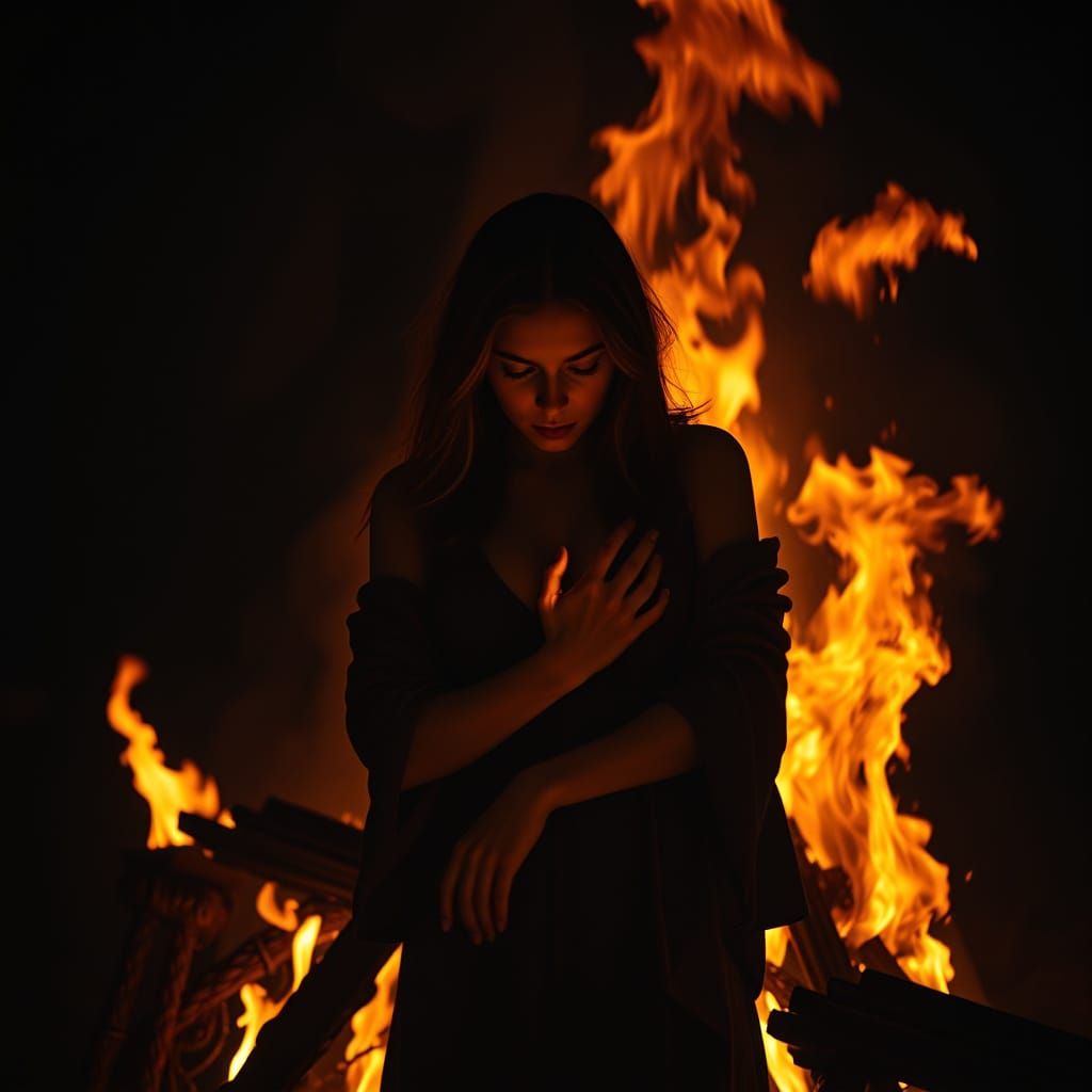 A Woman Purified by Flames in a Surreal Bonfire Ritual