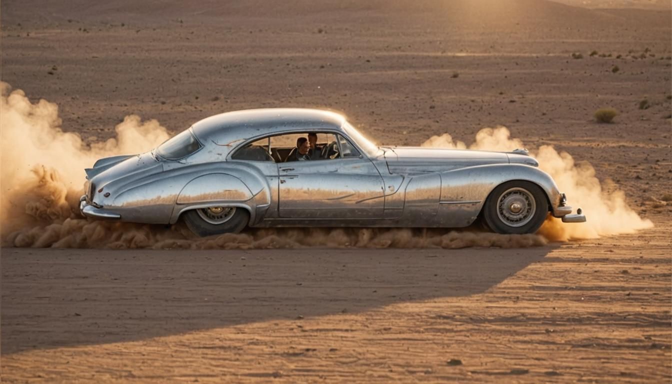 Escaping in a Silver and Chrome old car