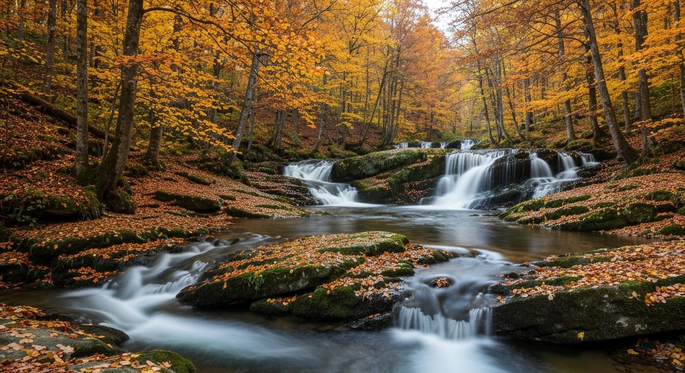 A tranquil autumn forest scene with a flowing river. The river cascades over moss-covered rocks and small ...  by @Poseidonios