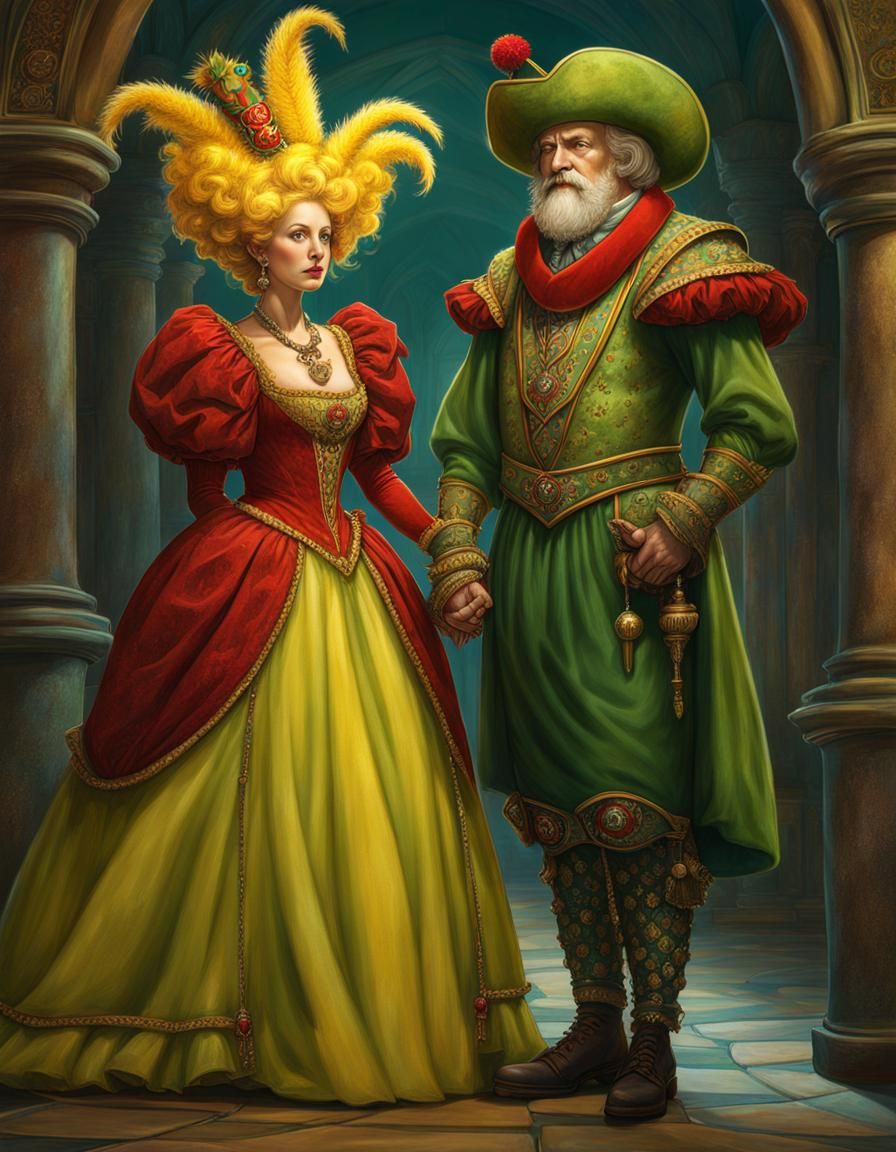 Discworld Magrat skinny frizzy blonde green dress holding hands with ...