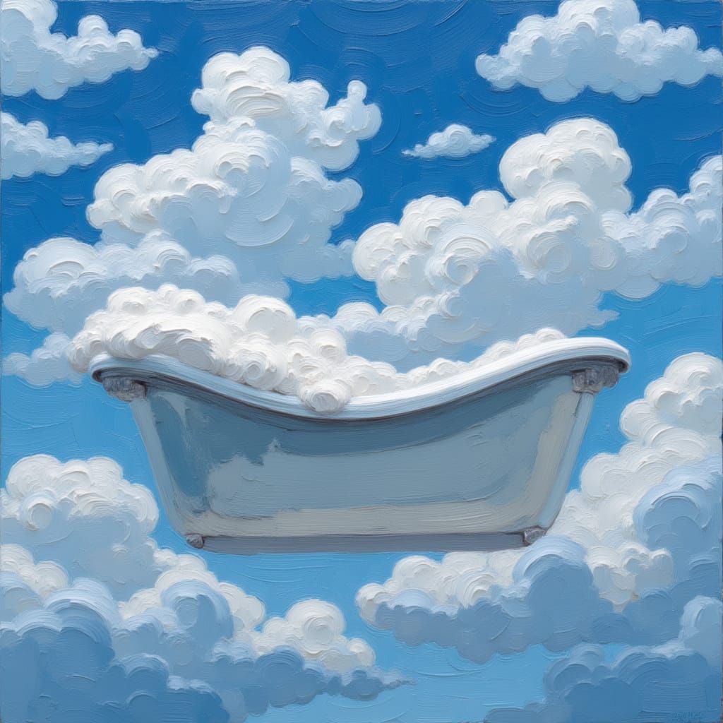 <lora:MJ7 Surreal Painting:1.0> A bathtub adrift in the sky, collecting clouds; thick impasto oil paint acrylic brush strokes impressionist...