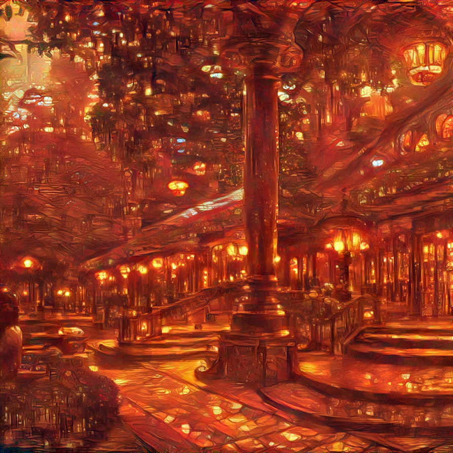 INSANELY DETAILED BEAUTIFUL EXQUISITE TAVERN IN A FOREST ORNATE PAVERS LANTERNS TREES ARCOLOGY