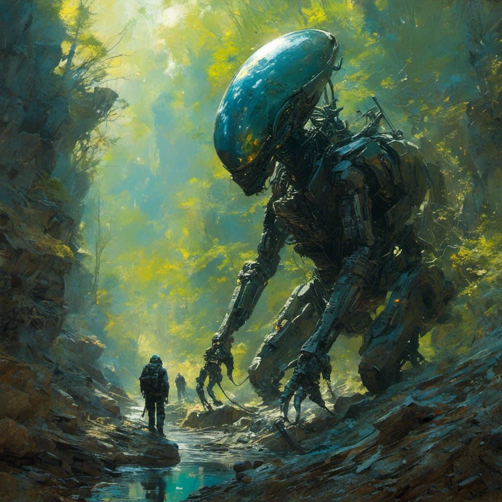 <lora:MJ6 Sci-Fi Aliens:1.0> Vivid Visionary: A visionary alien artist whose paintings come to life, blurring the lines between imagination...