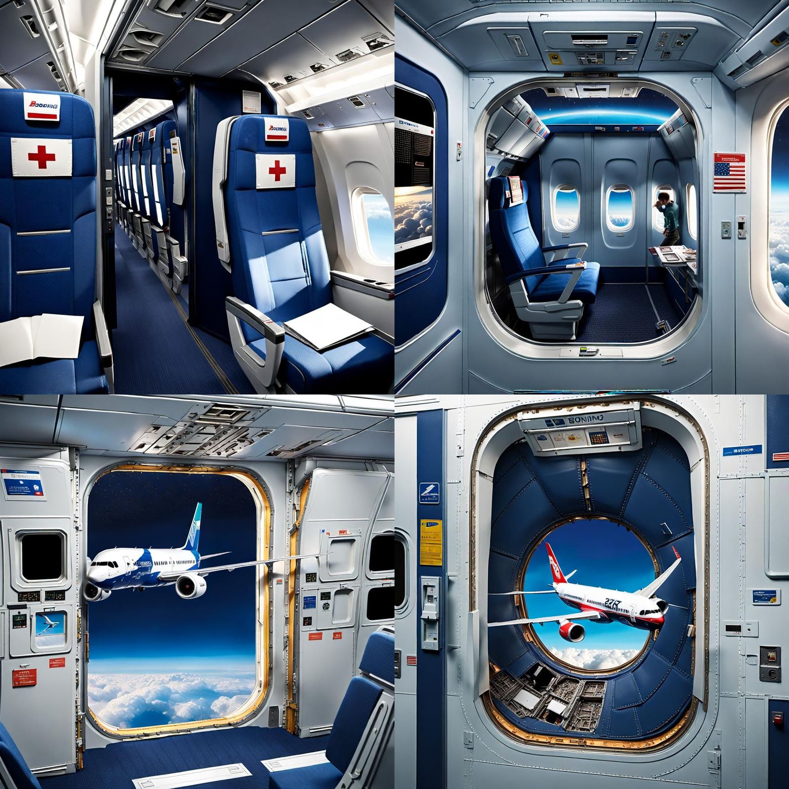 A photorealistic image of the chaotic interior of a Boeing 7...