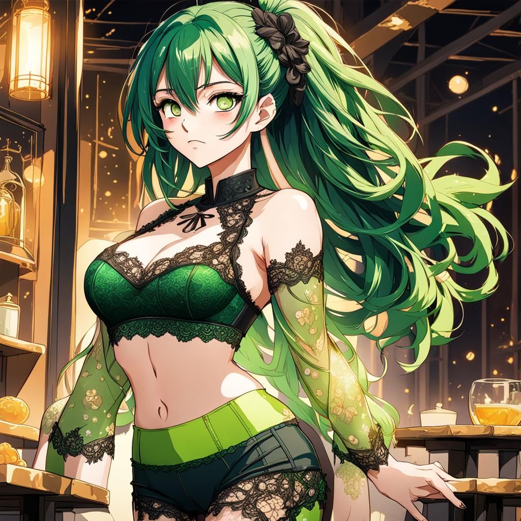 curvy body anime woman, big chest, big hips, vibrant green h...
