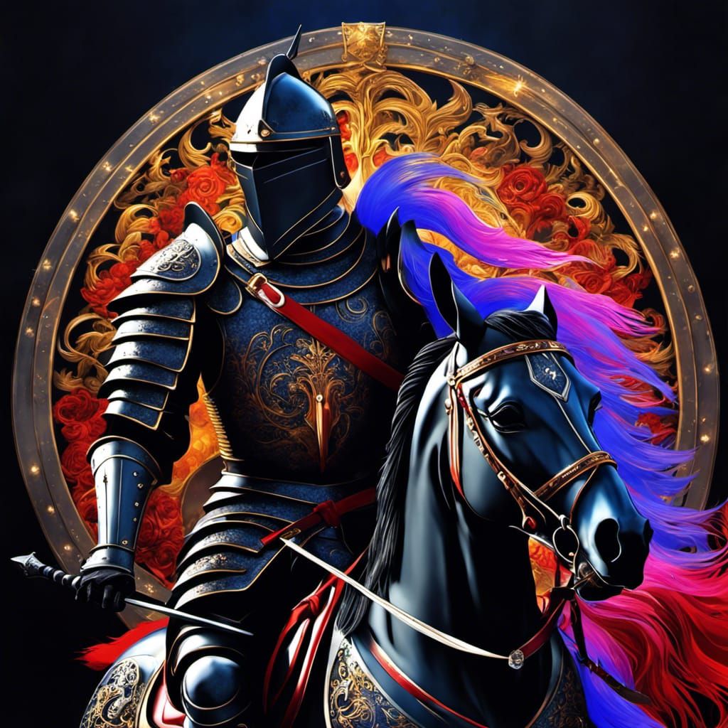 Medieval armored knight and Black horse  by @Tiny Pearl Cat