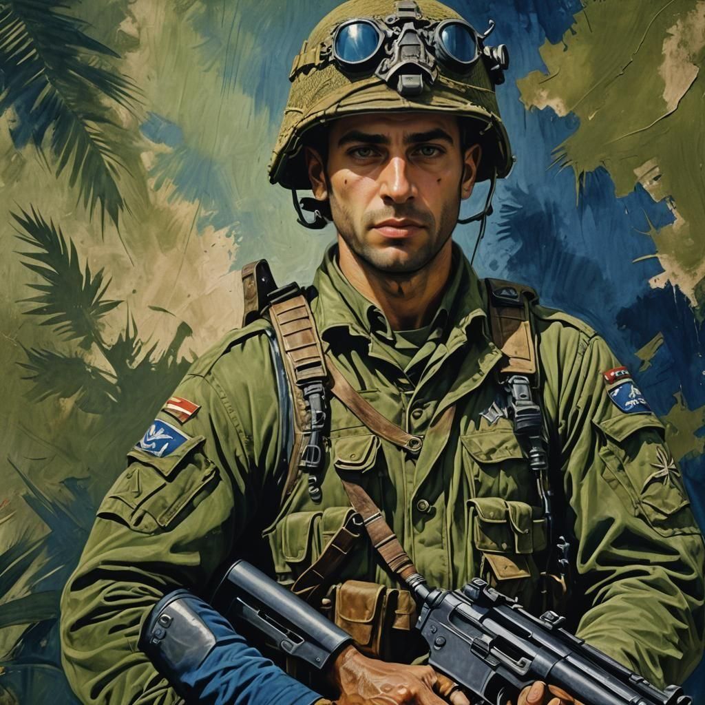 Handsome Israeli Soldier with Rifle, Detailed Digital Painti...