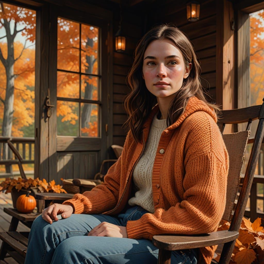 A women in a light orange sweater, sitting on a rocking chair on her cabin porch in the autumn leaves