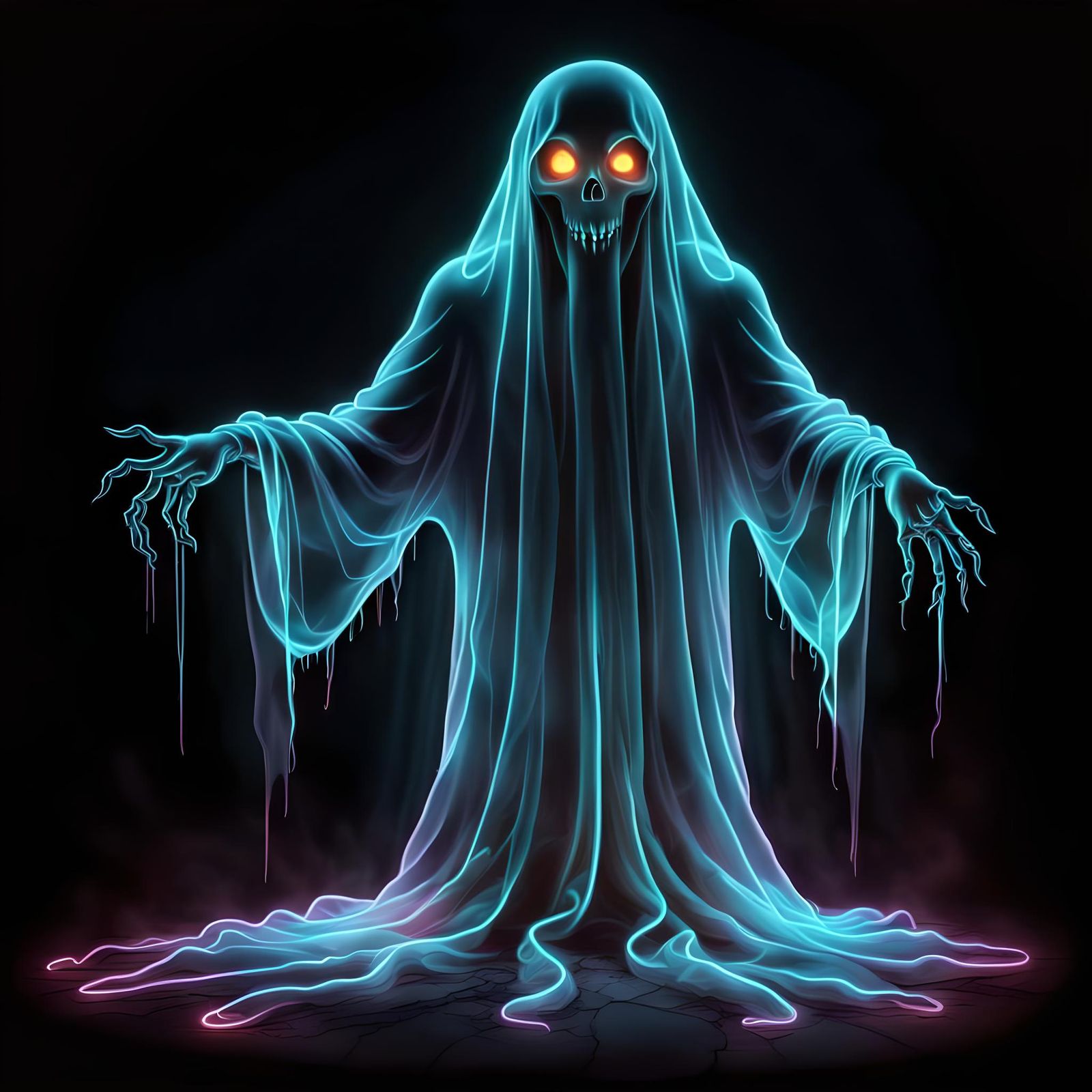 Glowing Neon Horror translucent ghost, transparant evil spirit, detailed fantasy  by @Beldin