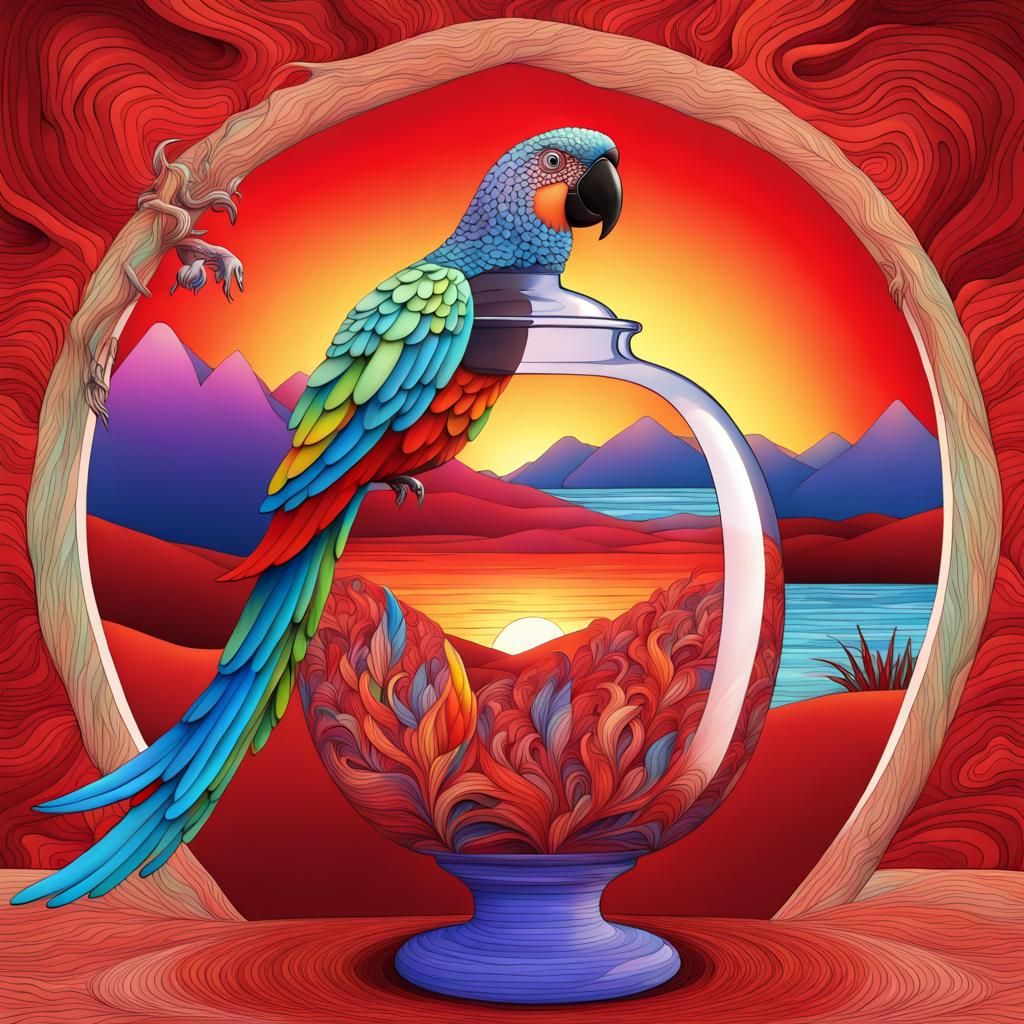 Glass Urn Reflecting Parrot in Fractal Landscape