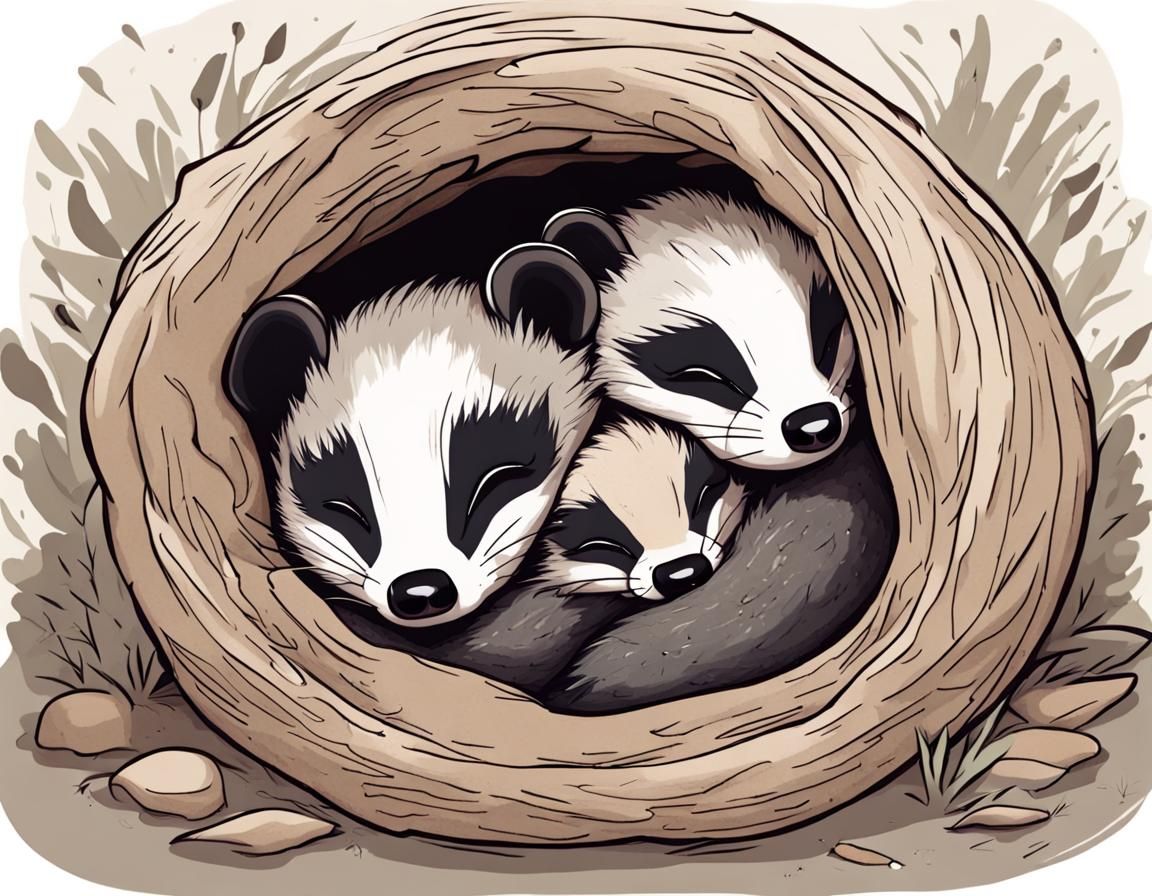 artistic illustration, two chibi baby badgers curled up asleep inside their warm, cozy nest inside their ...  by @NyghtRaven
