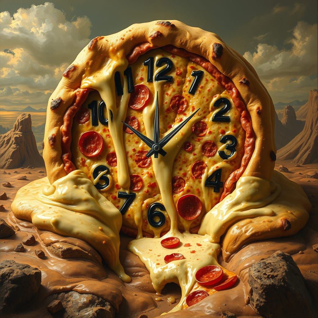 A surreal, Salvador Dalí-inspired artwork featuring a melting pizza-clock draped over the edge of a twisted, ...  by @raganele