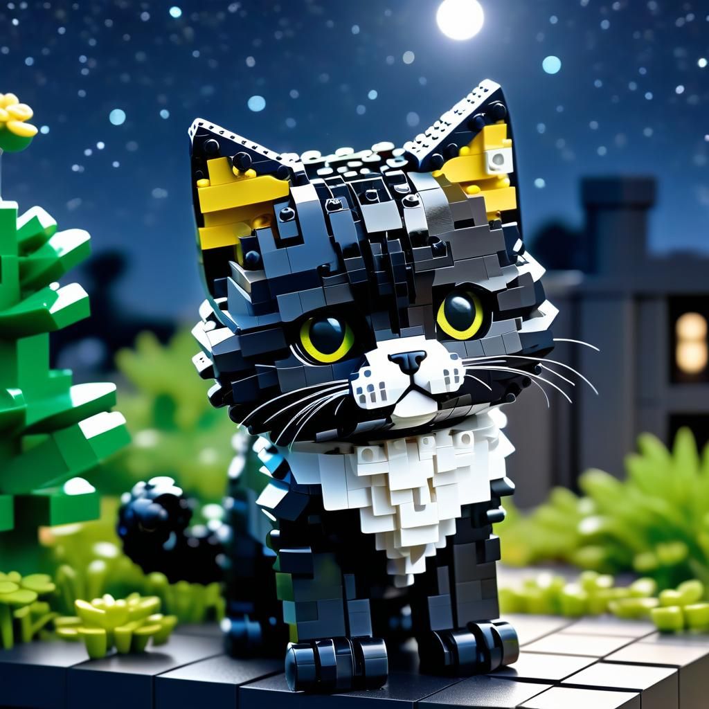 A whimsical adorable cute baby chibi fluffy furry lego kitten made