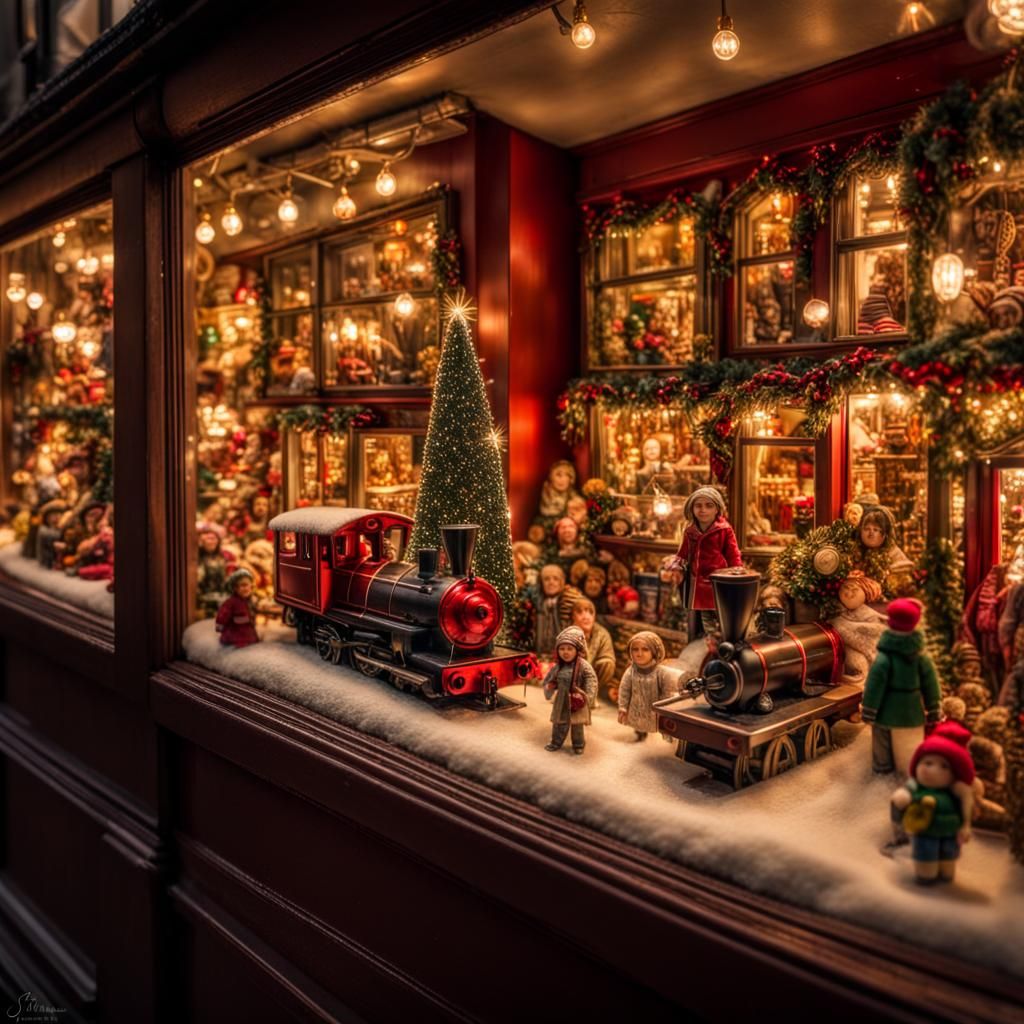 Toy Shop Window Displays with trains,dolls, and Christmas lights  by @Rusell Hallenbeck