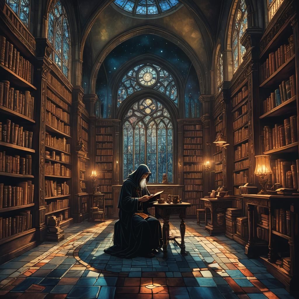 Mystical Coffee in Moonlit Library Scene
