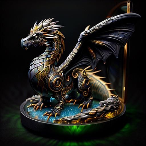 <lora:Noir Royale SD15:1.0> A cute miniature baby dragon sitting in a glass jewelry box overflowing with glowing glass jewelry.