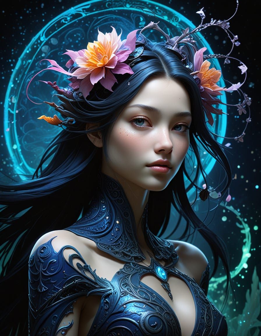 An ethereal sorceress, cloaked in shadow and starlight, conjures a swirling vortex of cosmic energy in a desolate, alien landscape. Biolumin...