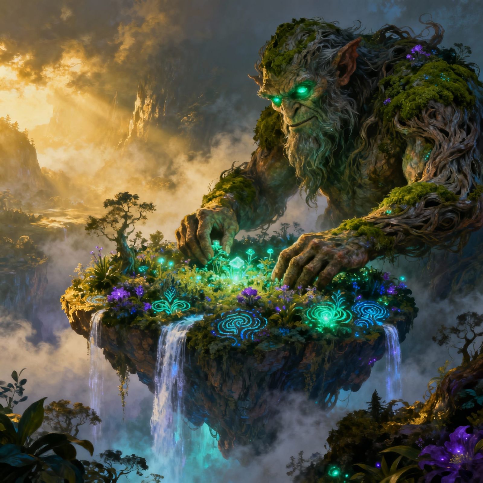 A majestic, ancient troll with moss-covered skin and glowing eyes, tending to a vibrant garden on a colossal ...  by @Barabashka