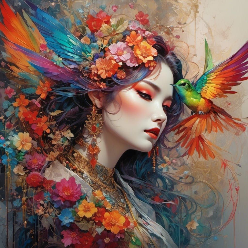 <lora:Constellation:1.0> Geisha. Hummingbird. Rainbow colour. 