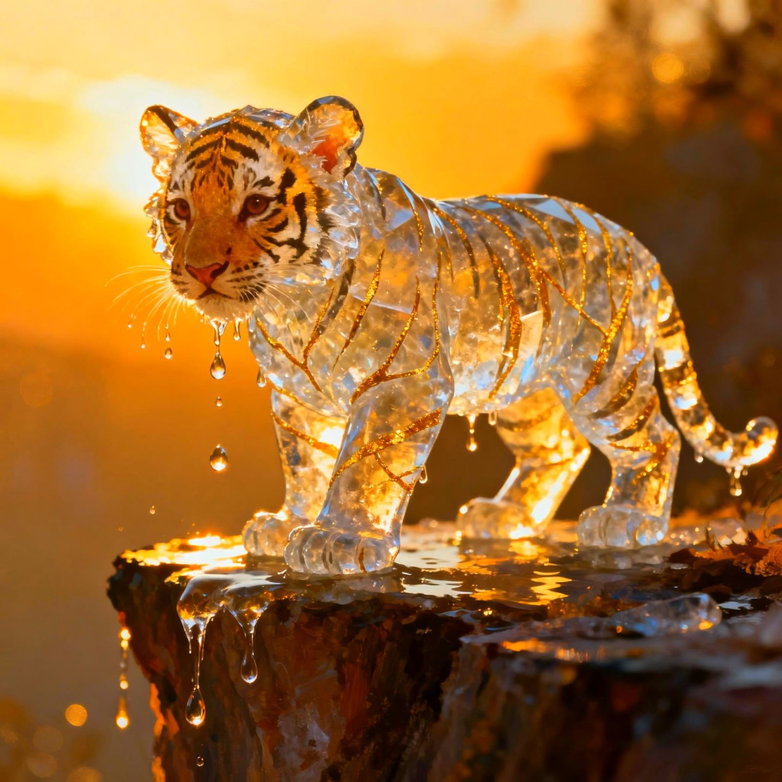Melting Ice Tiger Cub with Gold Veins in Sunlight