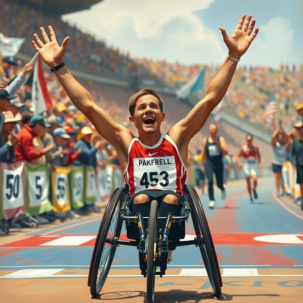 Art by Norman Rockwell, a para-athlete in a wheelchair cross...