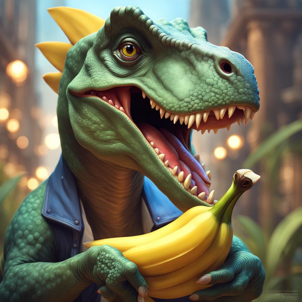 A dinosaur holding a banana